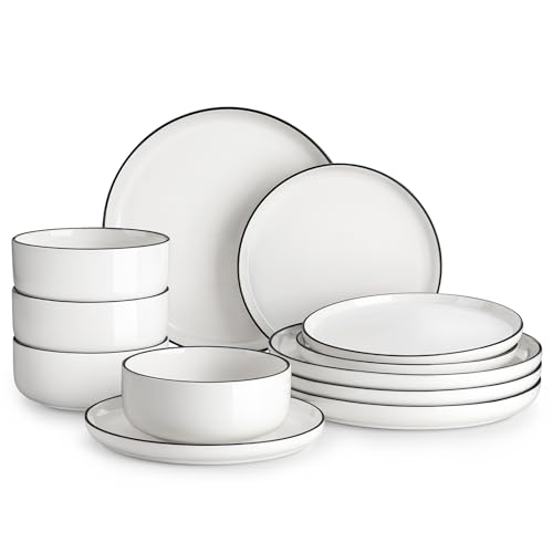 MALACASA Plates and Bowls Sets, 12 Pieces Modern Porcelain Dinnerware Set for 4 White Kitchen Dinner Dining Ware Set wtih Black Rim Ceramic Dishware Dishes Microwave and Dishwasher Safe, Series LUNA - My Kitchen Products
