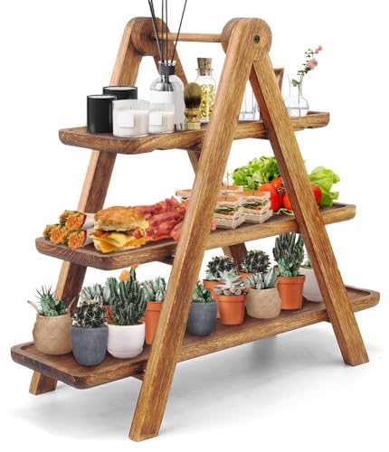 Manspdier Wood 3 Tier Serving Tray Three Tiered Cupcake Stand, Rectangle Serving Platter Wooden Farmhouse Tiered