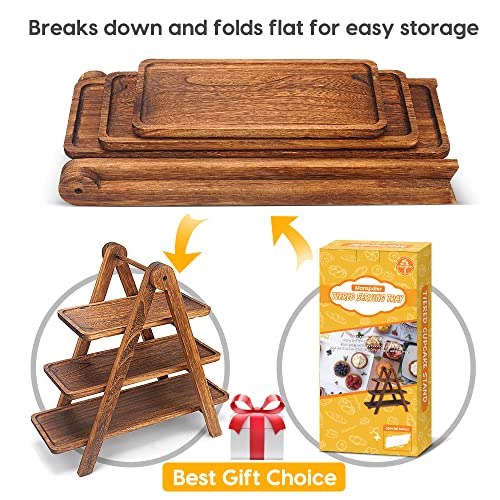 Manspdier Wood 3 Tier Serving Tray Three Tiered Cupcake Stand, Rectangle Serving Platter Wooden Farmhouse Tiered Tray, Party Serving Brown Decorative Tray Decor - My Kitchen Products