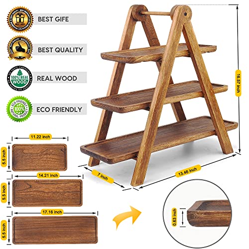 Manspdier Wood 3 Tier Serving Tray Three Tiered Cupcake Stand, Rectangle Serving Platter Wooden Farmhouse Tiered Tray, Party Serving Brown Decorative Tray Decor - My Kitchen Products