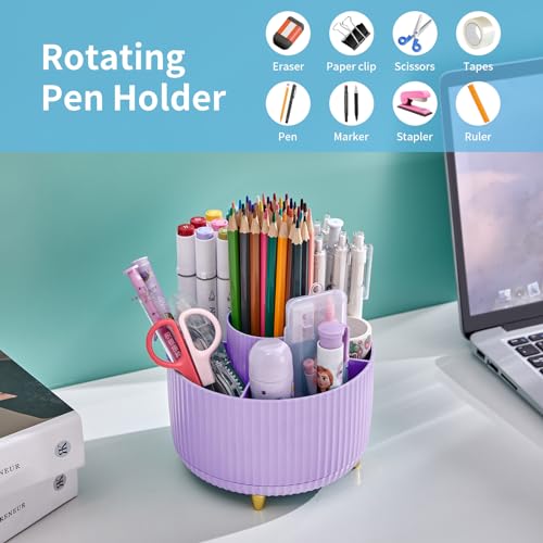 Marbrasse Desk Organizer, 360-Degree Rotating Pen Holder, Desk Organizers and Accessories with 5 Compartments Pencil Holder, Art Supply Storage Box Caddy for Office, Home（Purple） - My Kitchen Products