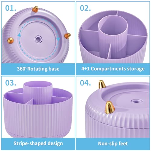 Marbrasse Desk Organizer, 360-Degree Rotating Pen Holder, Desk Organizers and Accessories with 5 Compartments Pencil Holder, Art Supply Storage Box Caddy for Office, Home（Purple） - My Kitchen Products