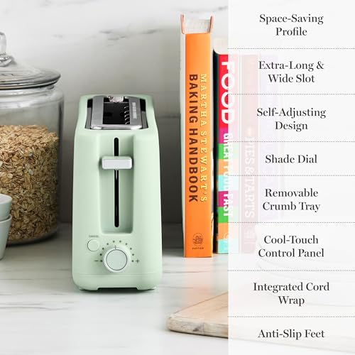 Martha Stewart 2 Slice Long Slot Toaster, Extra Wide for Sourdough & Bagels, 10 Setting Shade Control, Removable Crumb Tray, Self-Centering Design, Defrost/Reheat, Cancel, Slim Space-Saving, Honeydew - My Kitchen Products