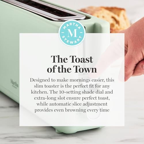 Martha Stewart 2 Slice Long Slot Toaster, Extra Wide for Sourdough & Bagels, 10 Setting Shade Control, Removable Crumb Tray, Self-Centering Design, Defrost/Reheat, Cancel, Slim Space-Saving, Honeydew - My Kitchen Products