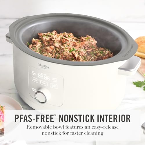 Martha Stewart 8 QT Slow Cooker, Programmable with Timer, 3 Heat Settings (Low, High, Warm), Nonstick Ceramic Removable Crock, Stovetop & Oven Safe, Glass Lid, Simmer, Reheat, Warm, Linen - My Kitchen Products