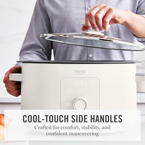 Martha Stewart 8 QT Slow Cooker, Programmable with Timer, 3 Heat Settings (Low, High, Warm), Nonstick Ceramic Removable Crock, Stovetop & Oven Safe, Glass Lid, Simmer, Reheat, Warm, Linen - My Kitchen Products