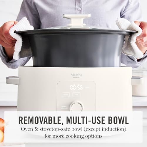 Martha Stewart 8 QT Slow Cooker, Programmable with Timer, 3 Heat Settings (Low, High, Warm), Nonstick Ceramic Removable Crock, Stovetop & Oven Safe, Glass Lid, Simmer, Reheat, Warm, Linen - My Kitchen Products