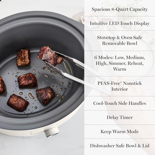 Martha Stewart 8 QT Slow Cooker, Programmable with Timer, 3 Heat Settings (Low, High, Warm), Nonstick Ceramic Removable Crock, Stovetop & Oven Safe, Glass Lid, Simmer, Reheat, Warm, Linen - My Kitchen Products