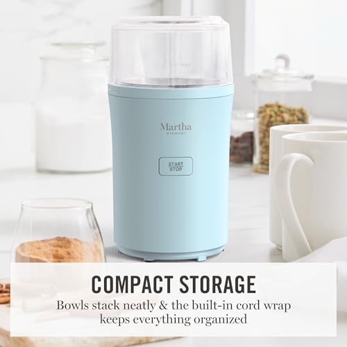 Martha Stewart Electric Coffee & Spice Grinder, Dual 2.5oz Removable Bowls, Storage Lids, Stainless Steel Blades, One Touch Pulse Control, 2-in-1 Compact, Beans & Spices, Herbs & Nuts, Sky Blue - My Kitchen Products