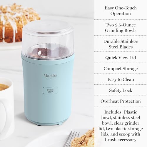 Martha Stewart Electric Coffee & Spice Grinder, Dual 2.5oz Removable Bowls, Storage Lids, Stainless Steel Blades, One Touch Pulse Control, 2-in-1 Compact, Beans & Spices, Herbs & Nuts, Sky Blue - My Kitchen Products