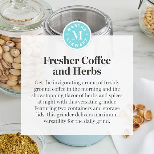 Martha Stewart Electric Coffee & Spice Grinder, Dual 2.5oz Removable Bowls, Storage Lids, Stainless Steel Blades, One Touch Pulse Control, 2-in-1 Compact, Beans & Spices, Herbs & Nuts, Sky Blue - My Kitchen Products