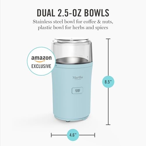 Martha Stewart Electric Coffee & Spice Grinder, Dual 2.5oz Removable Bowls, Storage Lids, Stainless Steel Blades, One Touch Pulse Control, 2-in-1 Compact, Beans & Spices, Herbs & Nuts, Sky Blue - My Kitchen Products