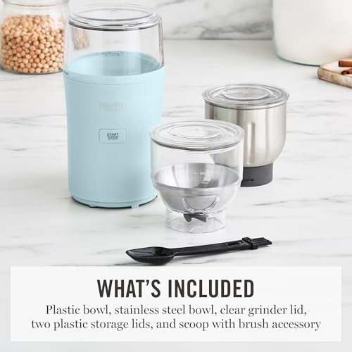 Martha Stewart Electric Coffee & Spice Grinder, Dual 2.5oz Removable Bowls, Storage Lids, Stainless Steel Blades, One Touch Pulse Control, 2-in-1 Compact, Beans & Spices, Herbs & Nuts, Sky Blue - My Kitchen Products