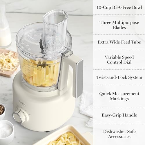 Martha Stewart Food Processor, 10-Cup Electric Chopper for Slicing, Shredding, Mincing and Puree, BPA-Free Twist & Lock Bowl, 3 Multipurpose Blades, Variable Speed Dial, Wide Feed Chute, Linen Cream - My Kitchen Products