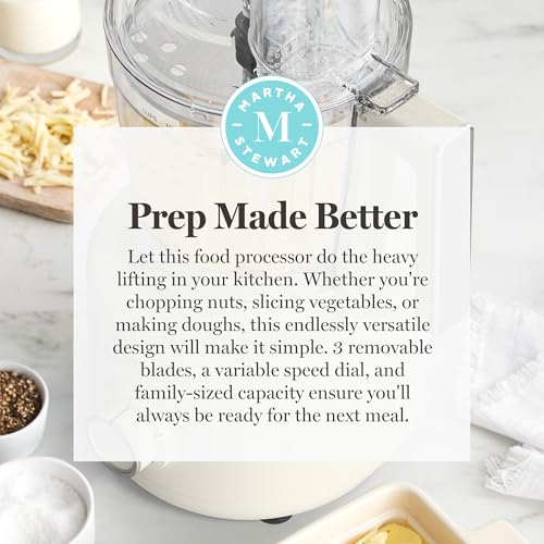 Martha Stewart Food Processor, 10-Cup Electric Chopper for Slicing, Shredding, Mincing and Puree, BPA-Free Twist & Lock Bowl, 3 Multipurpose Blades, Variable Speed Dial, Wide Feed Chute, Linen Cream - My Kitchen Products