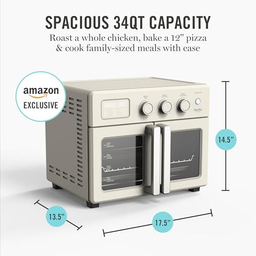 Martha Stewart French Door Air Fryer Toaster Oven Combo, 34QT Countertop Convection, 12-in-1, Bake, Broil, Roast, Fits 12” Pizza, Dehydrate, 5 Accessories, Air Fry Basket, Stainless Steel, Linen Cream - My Kitchen Products