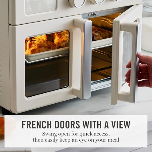 Martha Stewart French Door Air Fryer Toaster Oven Combo, 34QT Countertop Convection, 12-in-1, Bake, Broil, Roast, Fits 12” Pizza, Dehydrate, 5 Accessories, Air Fry Basket, Stainless Steel, Linen Cream - My Kitchen Products