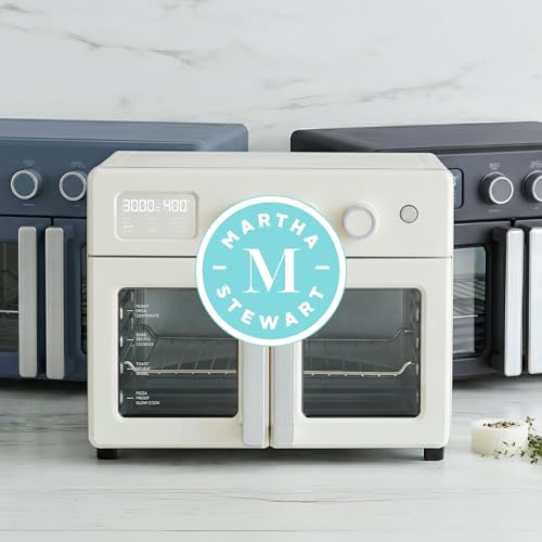 Martha Stewart French Door Air Fryer Toaster Oven Combo, 34QT Countertop Convection, 12-in-1, Bake, Broil, Roast, Fits 12” Pizza, Dehydrate, 5 Accessories, Air Fry Basket, Stainless Steel, Linen Cream - My Kitchen Products