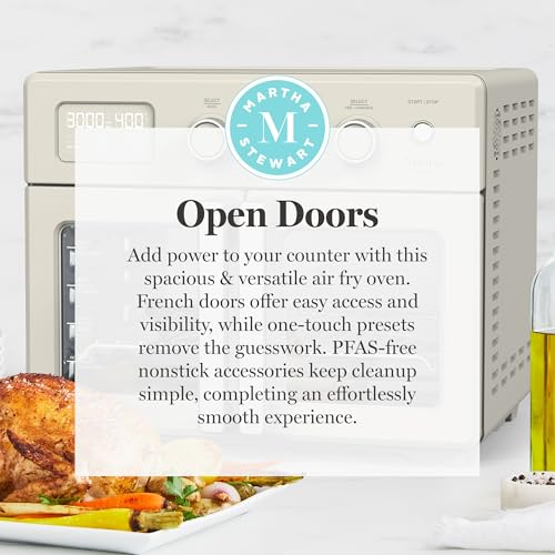 Martha Stewart French Door Air Fryer Toaster Oven Combo, 34QT Countertop Convection, 12-in-1, Bake, Broil, Roast, Fits 12” Pizza, Dehydrate, 5 Accessories, Air Fry Basket, Stainless Steel, Linen Cream - My Kitchen Products