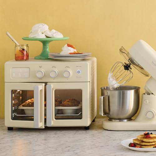 Martha Stewart French Door Air Fryer Toaster Oven Combo, 34QT Countertop Convection, 12-in-1, Bake, Broil, Roast, Fits 12” Pizza, Dehydrate, 5 Accessories, Air Fry Basket, Stainless Steel, Linen Cream - My Kitchen Products