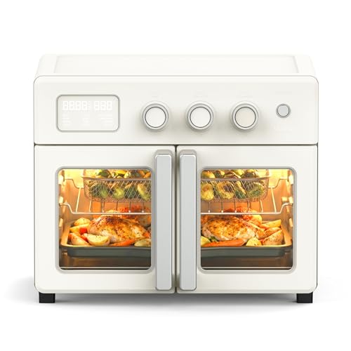 Martha Stewart French Door Air Fryer Toaster Oven Combo, 34QT Countertop Convection, 12-in-1, Bake, Broil, Roast, Fits 12” Pizza, Dehydrate, 5 Accessories, Air Fry Basket, Stainless Steel, Linen Cream - My Kitchen Products