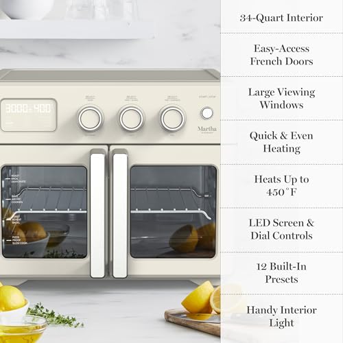 Martha Stewart French Door Air Fryer Toaster Oven Combo, 34QT Countertop Convection, 12-in-1, Bake, Broil, Roast, Fits 12” Pizza, Dehydrate, 5 Accessories, Air Fry Basket, Stainless Steel, Linen Cream - My Kitchen Products