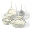 Martha Stewart Heathland Premium Nonstick PFA Free Ceramic Interior 10-Piece Tapered Aluminum Cookware Set - Linen White - My Kitchen Products
