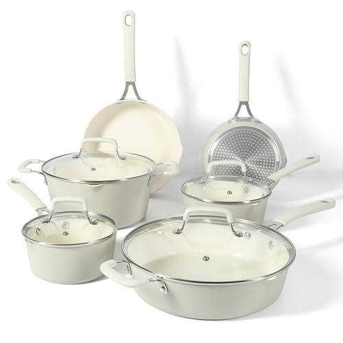 Martha Stewart Heathland Premium Nonstick PFA Free Ceramic Interior 10-Piece Tapered Aluminum Cookware Set - Linen White - My Kitchen Products
