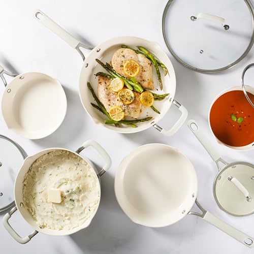 Martha Stewart Heathland Premium Nonstick PFA Free Ceramic Interior 10-Piece Tapered Aluminum Cookware Set - Linen White - My Kitchen Products