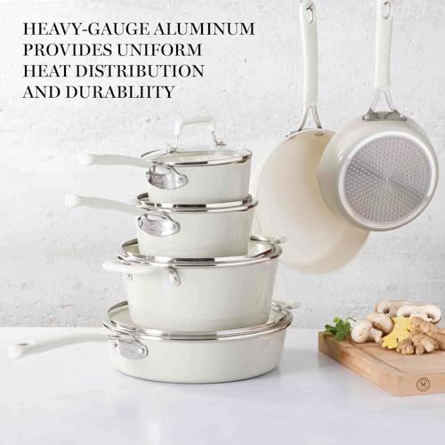 Martha Stewart Heathland Premium Nonstick PFA Free Ceramic Interior 10-Piece Tapered Aluminum Cookware Set - Linen White - My Kitchen Products