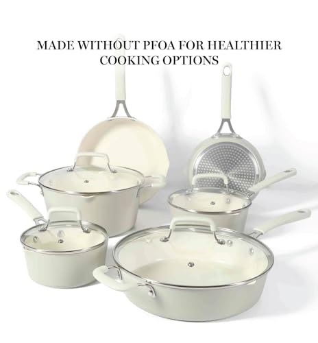 Martha Stewart Heathland Premium Nonstick PFA Free Ceramic Interior 10-Piece Tapered Aluminum Cookware Set - Linen White - My Kitchen Products