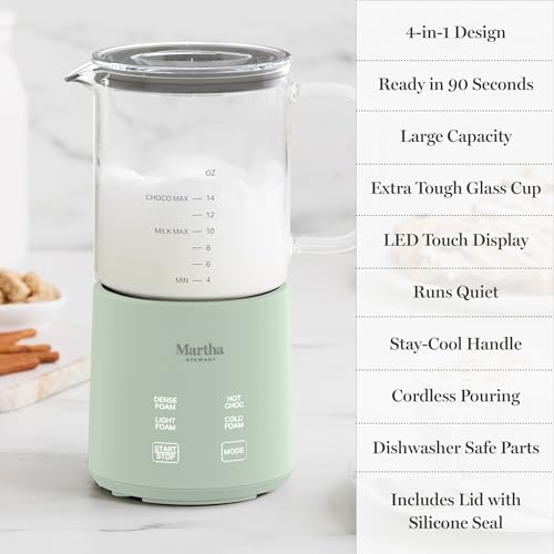 Martha Stewart Milk Frother and Steamer, 10oz/300ml Glass Cup, 4 Presets (Cold Foam, Light, Dense & Hot Chocolate), Ready in 90 Seconds, Cordless Pouring, One-Touch for Hot and Cold Milk, Honeydew - My Kitchen Products