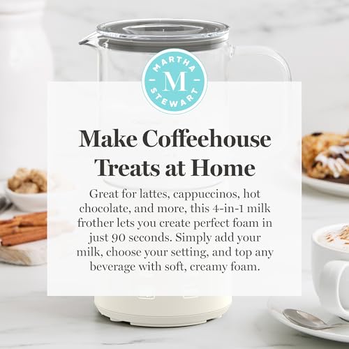 Martha Stewart Milk Frother and Steamer, 10oz/300ml Glass Cup, 4 Presets (Cold Foam, Light, Dense & Hot Chocolate), Ready in 90 Seconds, Cordless Pouring, One-Touch for Hot and Cold Milk, Linen Cream - My Kitchen Products