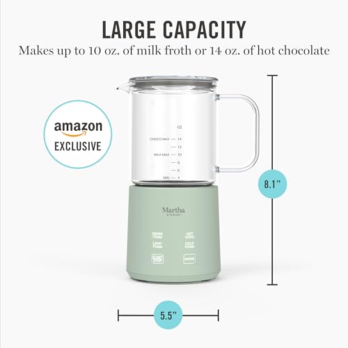 Martha Stewart Milk Frother and Steamer, 10oz/300ml Glass Cup, 4 Presets (Cold Foam, Light, Dense & Hot Chocolate), Ready in 90 Seconds, Cordless Pouring, One-Touch for Hot and Cold Milk, Honeydew - My Kitchen Products