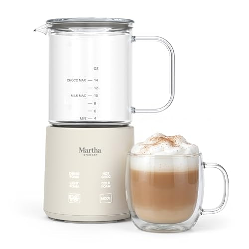 Martha Stewart Milk Frother and Steamer, 10oz/300ml Glass Cup, 4 Presets (Cold Foam, Light, Dense & Hot Chocolate), Ready in 90 Seconds, Cordless Pouring, One-Touch for Hot and Cold Milk, Linen Cream - My Kitchen Products