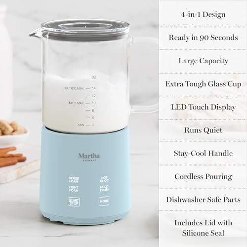 Martha Stewart Milk Frother and Steamer, 10oz/300ml Glass Cup, 4 Presets (Cold Foam, Light, Dense & Hot Chocolate), Ready in 90 Seconds, Cordless Pouring, One-Touch for Hot and Cold Milk, Sky Blue - My Kitchen Products