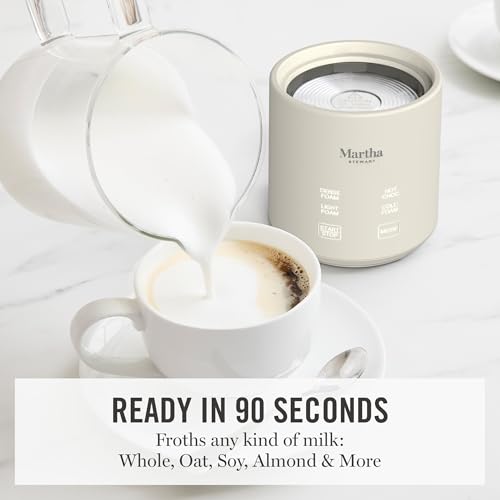 Martha Stewart Milk Frother and Steamer, 10oz/300ml Glass Cup, 4 Presets (Cold Foam, Light, Dense & Hot Chocolate), Ready in 90 Seconds, Cordless Pouring, One-Touch for Hot and Cold Milk, Linen Cream - My Kitchen Products