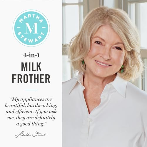 Martha Stewart Milk Frother and Steamer, 10oz/300ml Glass Cup, 4 Presets (Cold Foam, Light, Dense & Hot Chocolate), Ready in 90 Seconds, Cordless Pouring, One-Touch for Hot and Cold Milk, Sky Blue - My Kitchen Products
