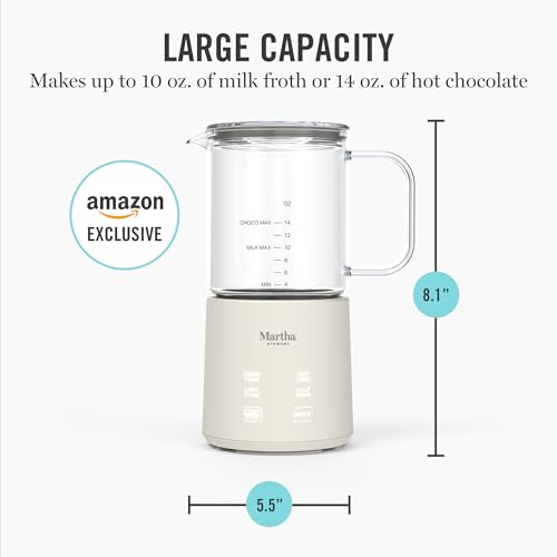 Martha Stewart Milk Frother and Steamer, 10oz/300ml Glass Cup, 4 Presets (Cold Foam, Light, Dense & Hot Chocolate), Ready in 90 Seconds, Cordless Pouring, One-Touch for Hot and Cold Milk, Linen Cream - My Kitchen Products
