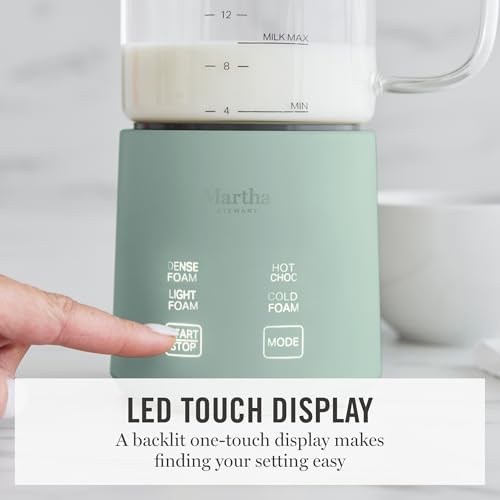 Martha Stewart Milk Frother and Steamer, 10oz/300ml Glass Cup, 4 Presets (Cold Foam, Light, Dense & Hot Chocolate), Ready in 90 Seconds, Cordless Pouring, One-Touch for Hot and Cold Milk, Honeydew - My Kitchen Products