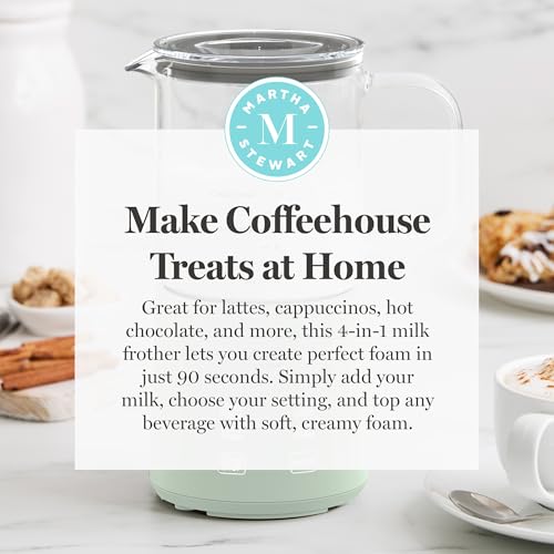 Martha Stewart Milk Frother and Steamer, 10oz/300ml Glass Cup, 4 Presets (Cold Foam, Light, Dense & Hot Chocolate), Ready in 90 Seconds, Cordless Pouring, One-Touch for Hot and Cold Milk, Honeydew - My Kitchen Products