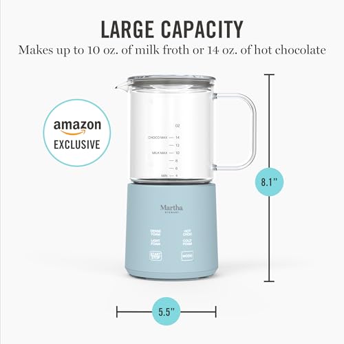 Martha Stewart Milk Frother and Steamer, 10oz/300ml Glass Cup, 4 Presets (Cold Foam, Light, Dense & Hot Chocolate), Ready in 90 Seconds, Cordless Pouring, One-Touch for Hot and Cold Milk, Sky Blue - My Kitchen Products