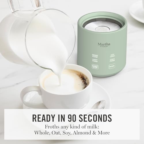 Martha Stewart Milk Frother and Steamer, 10oz/300ml Glass Cup, 4 Presets (Cold Foam, Light, Dense & Hot Chocolate), Ready in 90 Seconds, Cordless Pouring, One-Touch for Hot and Cold Milk, Honeydew - My Kitchen Products