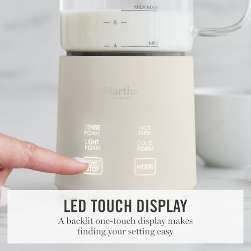 Martha Stewart Milk Frother and Steamer, 10oz/300ml Glass Cup, 4 Presets (Cold Foam, Light, Dense & Hot Chocolate), Ready in 90 Seconds, Cordless Pouring, One-Touch for Hot and Cold Milk, Linen Cream - My Kitchen Products