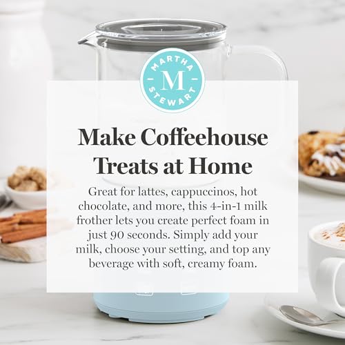 Martha Stewart Milk Frother and Steamer, 10oz/300ml Glass Cup, 4 Presets (Cold Foam, Light, Dense & Hot Chocolate), Ready in 90 Seconds, Cordless Pouring, One-Touch for Hot and Cold Milk, Sky Blue - My Kitchen Products