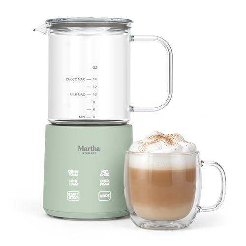 Martha Stewart Milk Frother and Steamer, 10oz/300ml Glass Cup, 4 Presets (Cold Foam, Light, Dense & Hot Chocolate), Ready in 90 Seconds, Cordless Pouring, One-Touch for Hot and Cold Milk, Honeydew - My Kitchen Products