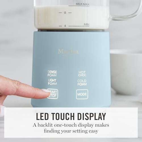 Martha Stewart Milk Frother and Steamer, 10oz/300ml Glass Cup, 4 Presets (Cold Foam, Light, Dense & Hot Chocolate), Ready in 90 Seconds, Cordless Pouring, One-Touch for Hot and Cold Milk, Sky Blue - My Kitchen Products