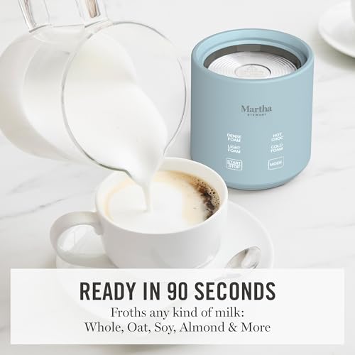 Martha Stewart Milk Frother and Steamer, 10oz/300ml Glass Cup, 4 Presets (Cold Foam, Light, Dense & Hot Chocolate), Ready in 90 Seconds, Cordless Pouring, One-Touch for Hot and Cold Milk, Sky Blue - My Kitchen Products