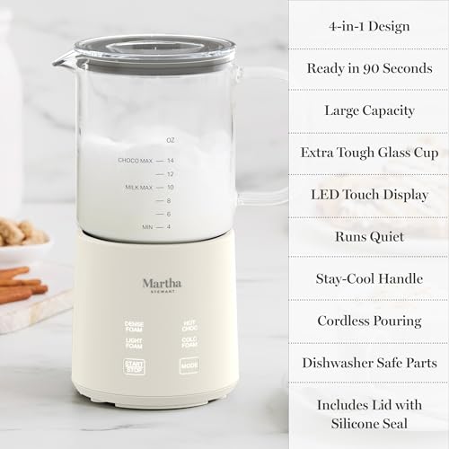 Martha Stewart Milk Frother and Steamer, 10oz/300ml Glass Cup, 4 Presets (Cold Foam, Light, Dense & Hot Chocolate), Ready in 90 Seconds, Cordless Pouring, One-Touch for Hot and Cold Milk, Linen Cream - My Kitchen Products