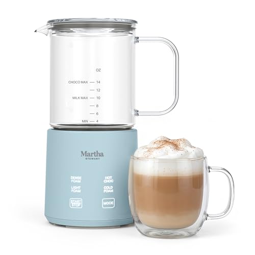 Martha Stewart Milk Frother and Steamer, 10oz/300ml Glass Cup, 4 Presets (Cold Foam, Light, Dense & Hot Chocolate), Ready in 90 Seconds, Cordless Pouring, One-Touch for Hot and Cold Milk, Sky Blue - My Kitchen Products
